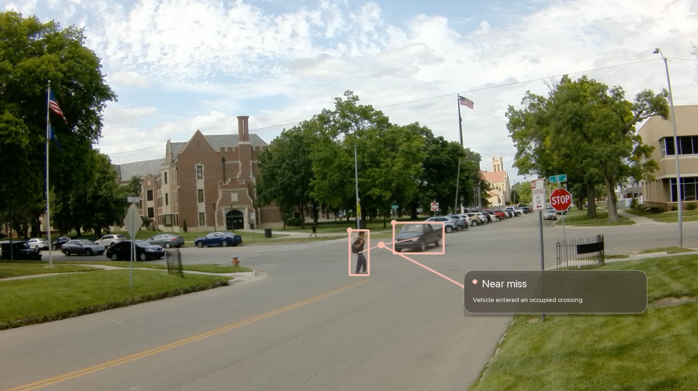 Annotated near-miss event between a vehicle and pedestrian at a city crossing