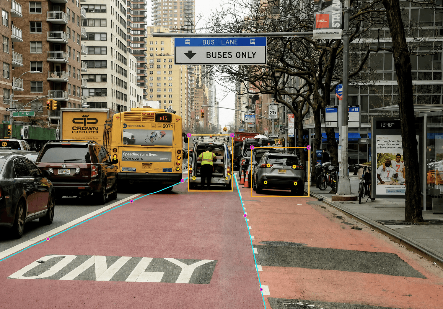 Annotated vehicles obstructing a New York City transit lane